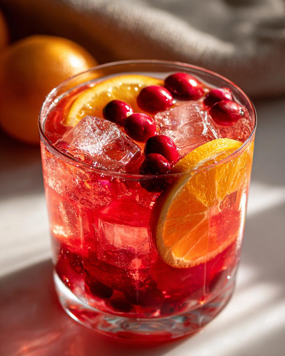 Close-up of a vibrant red thanksgiving punch in a glass, garnished with ice, fresh cranberries, and orange slices.