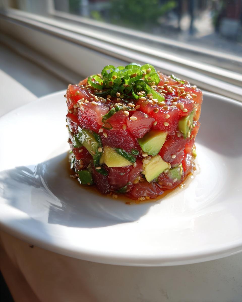 A cylindrical serving of fresh tuna tartare mixed with avocado, topped with sesame seeds and scallions.