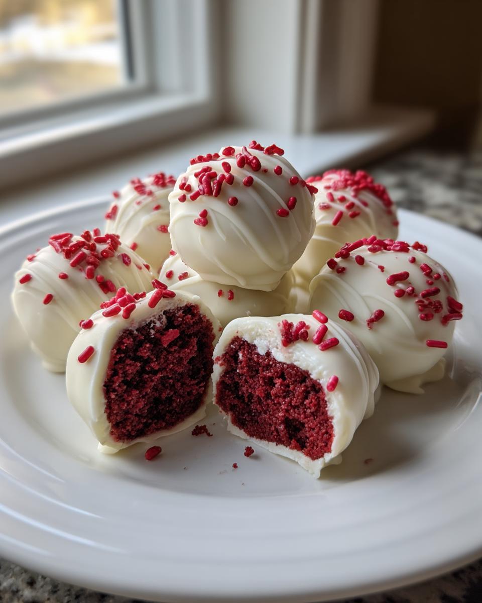 Close-up of white chocolate covered red velvet cake balls, one cut in half showing the rich red interior.