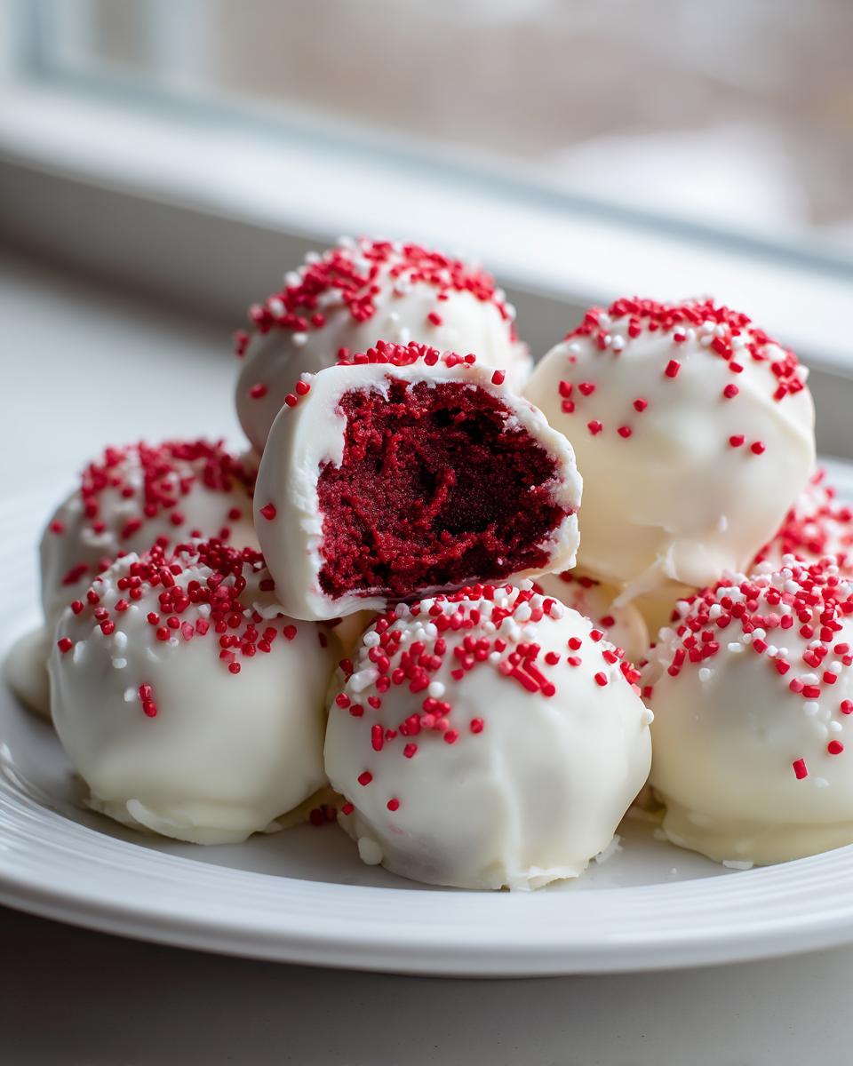 A pile of white chocolate coated red velvet cake balls topped with red and white sprinkles, one is cut open.