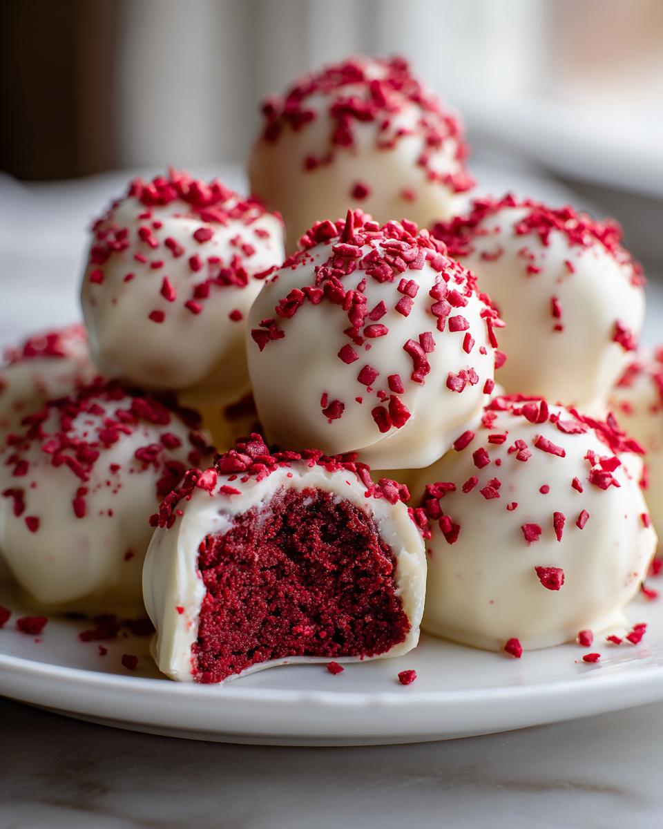 A close-up of several white chocolate coated red velvet cake balls topped with red sprinkles, one is bitten into revealing the red interior.