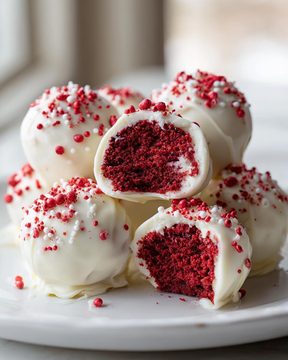 A stack of white chocolate-covered red velvet cake balls, one cut in half showing the deep red interior.