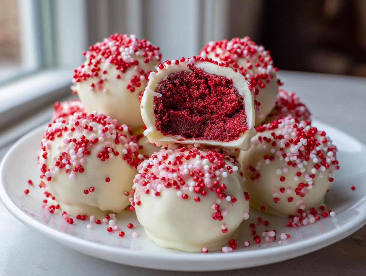 A stack of white chocolate covered red velvet cake balls topped with red and pink sprinkles, one is cut open.