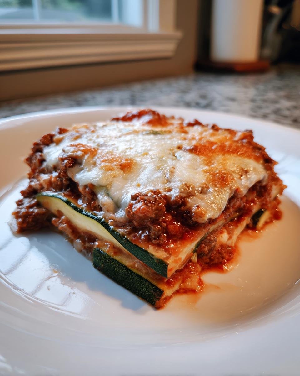 A close-up of a single serving of zucchini lasagna featuring layers of zucchini, meat sauce, and melted, browned cheese.