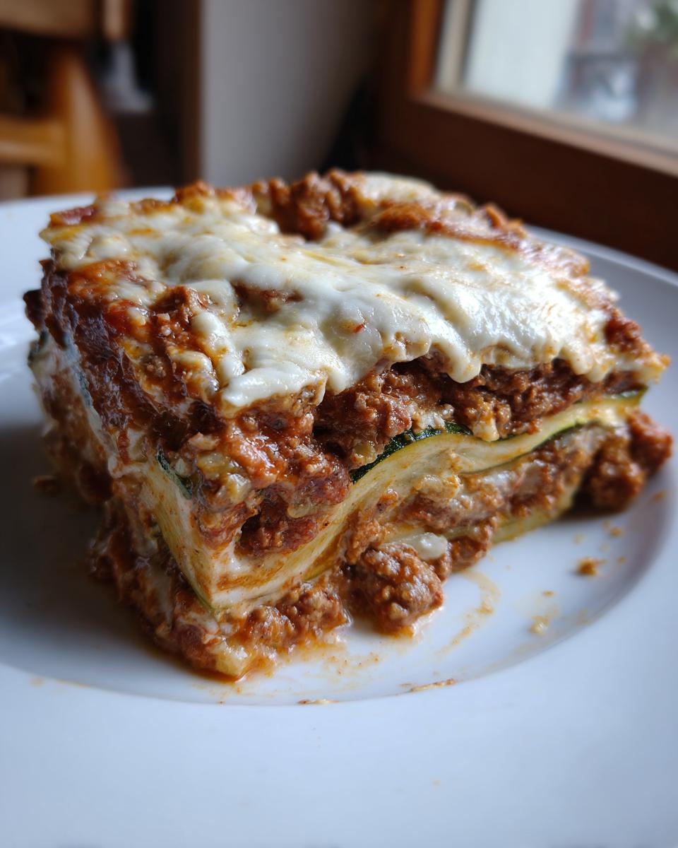 A close-up of a hearty slice of zucchini lasagna layered with meat sauce and topped with melted mozzarella cheese.