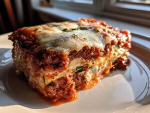 A close-up, golden-lit slice of zucchini lasagna layered with meat sauce and melted mozzarella cheese on a white plate.