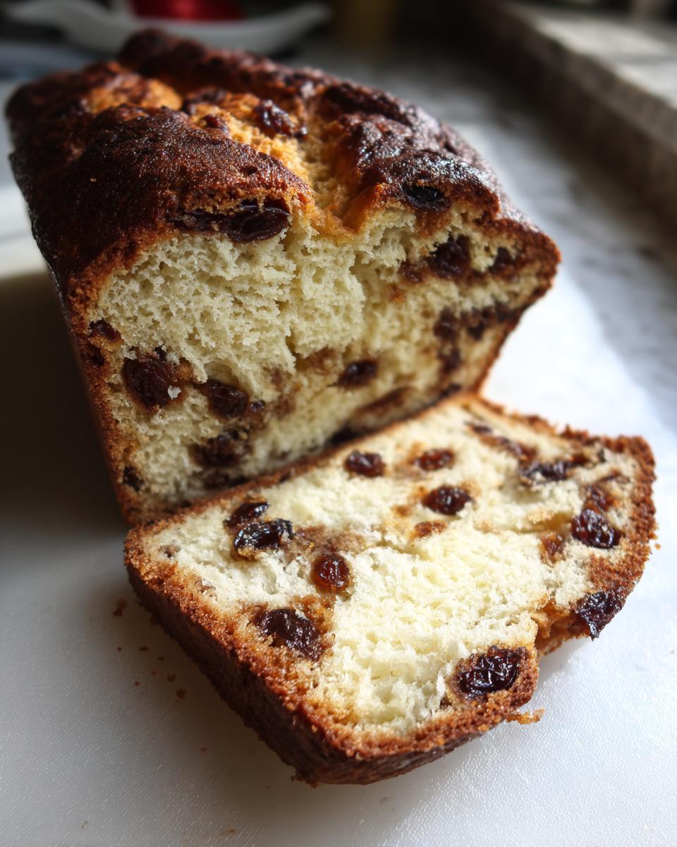 Close-up of a freshly baked loaf of raisin bread, with one thick slice cut and resting beside it.