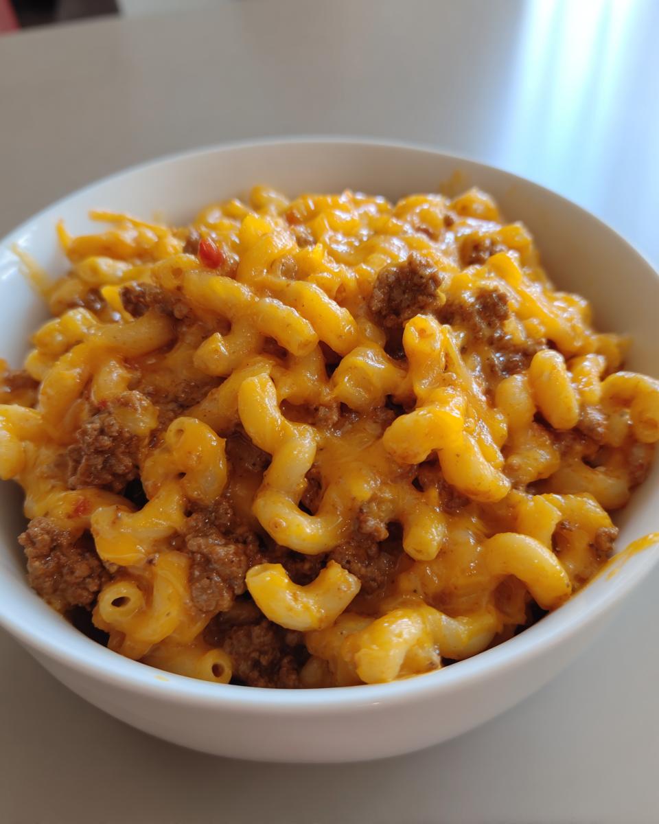 A close-up view of a white bowl filled with creamy, cheesy taco pasta mixed with ground beef.