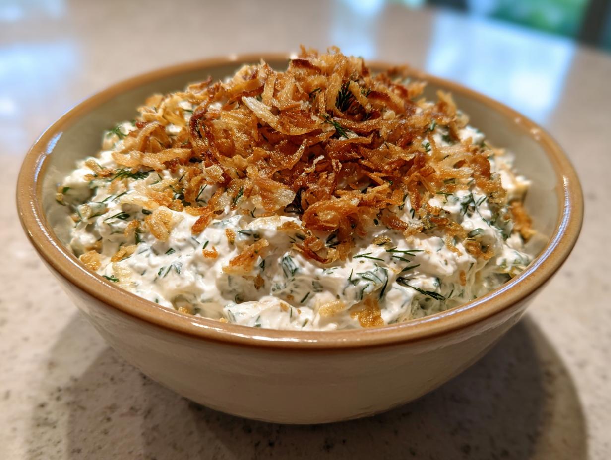 A creamy, herbed pickle dip served in a beige bowl, generously topped with crispy fried onions.