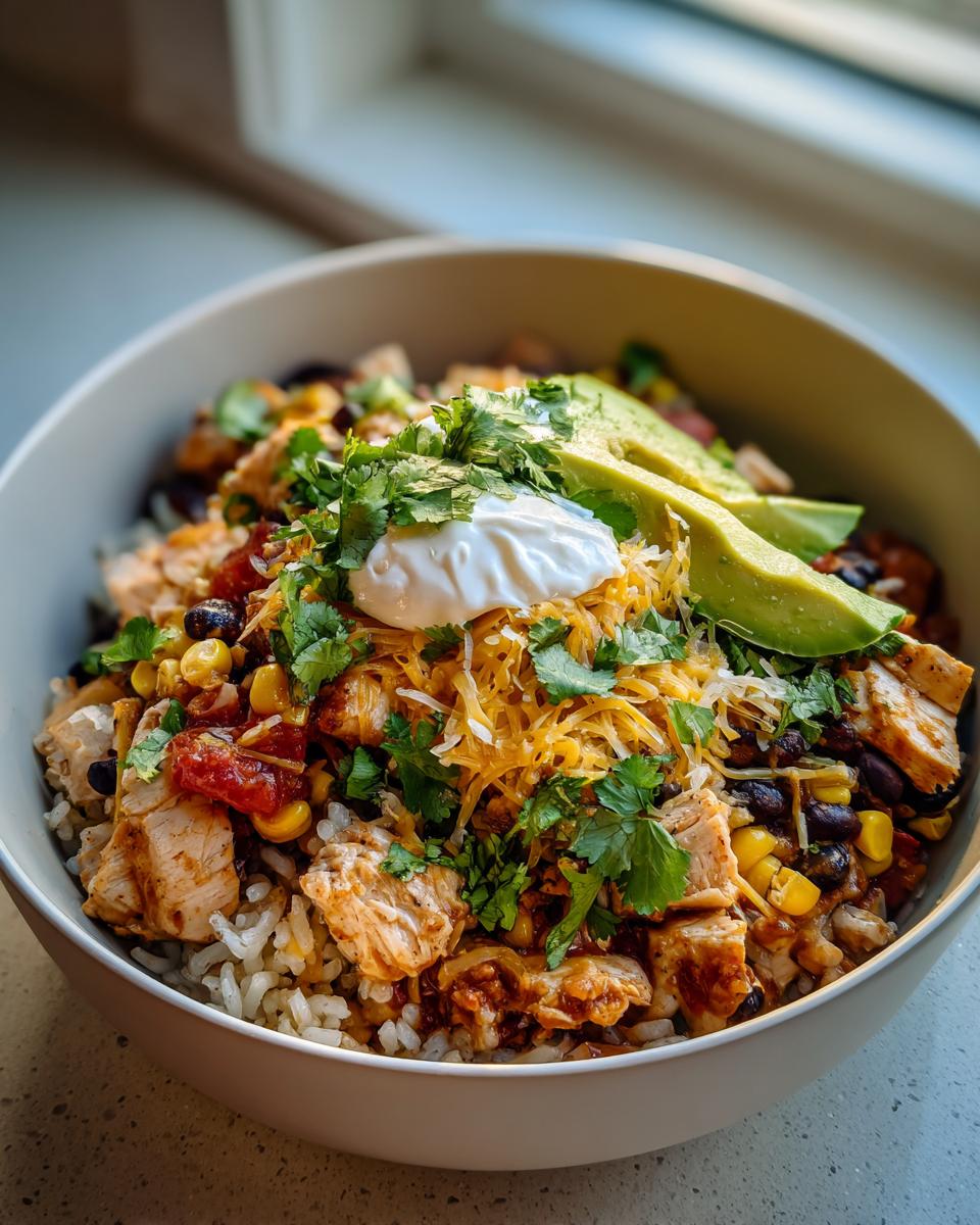 A close-up of a fully loaded chicken burrito bowl with rice, seasoned chicken, black beans, corn, cheese, avocado, and sour cream.