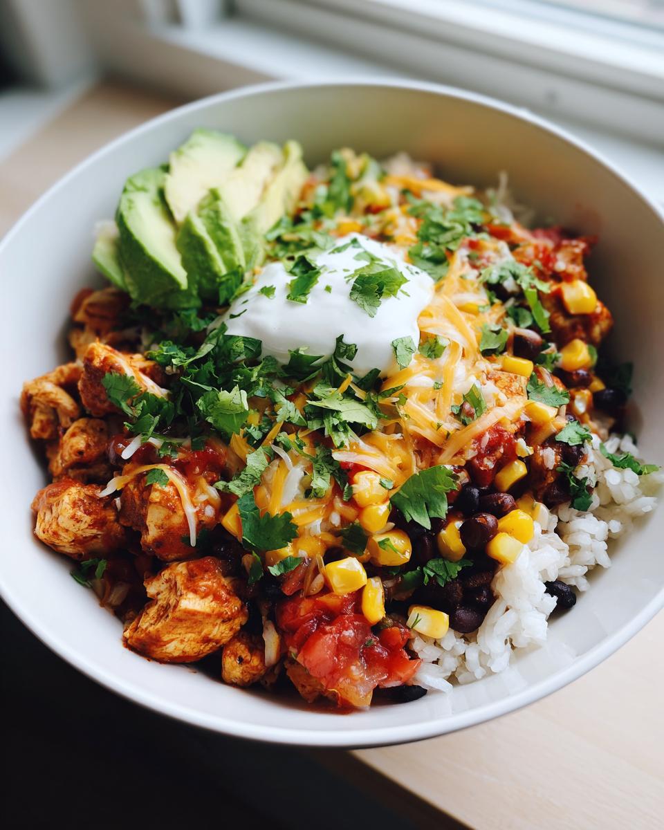 A close-up of a vibrant chicken burrito bowl featuring seasoned chicken, rice, black beans, corn, salsa, cheese, sour cream, and avocado slices.