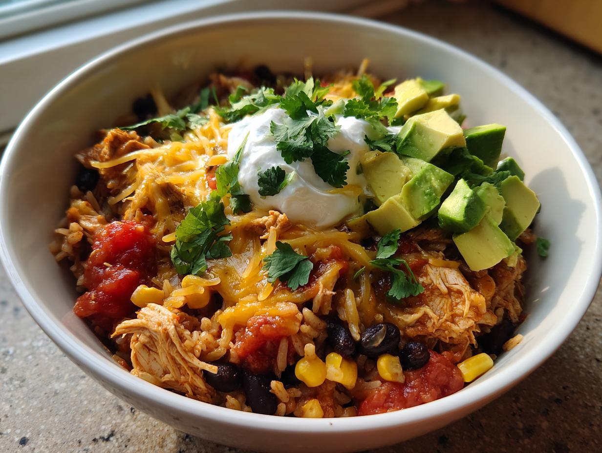A close-up of a fully loaded chicken burrito bowl featuring shredded chicken, rice, black beans, corn, salsa, melted cheese, sour cream, avocado, and cilantro.