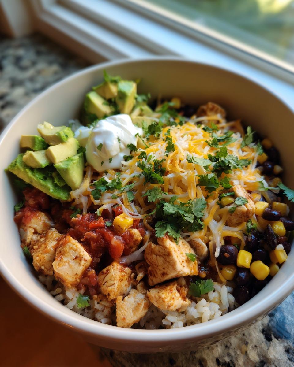 A close-up of a fully loaded chicken burrito bowl with rice, seasoned chicken, black beans, corn, salsa, avocado, cheese, and sour cream.