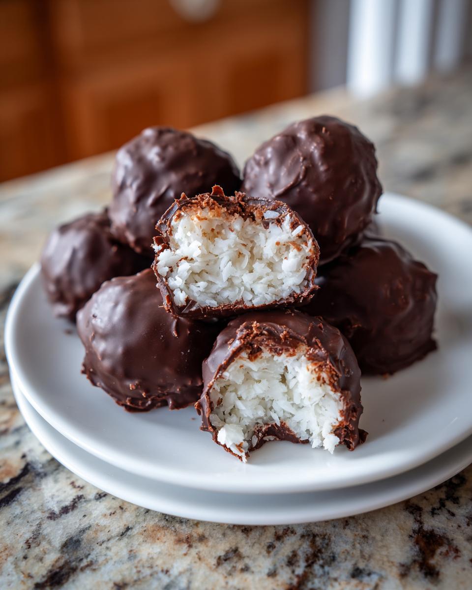 A stack of homemade almond joy truffles on a white plate, one is bitten open revealing the shredded coconut filling.