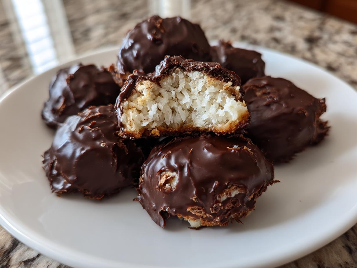 A plate of homemade almond joy truffles, one cut in half showing the shredded coconut filling coated in dark chocolate.