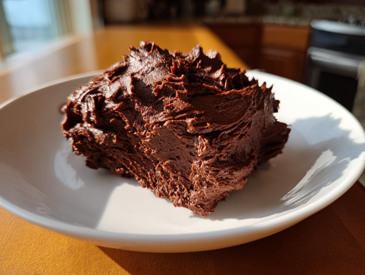 A generous dollop of rich, dark chocolate frosting with textured peaks sitting on a white plate.