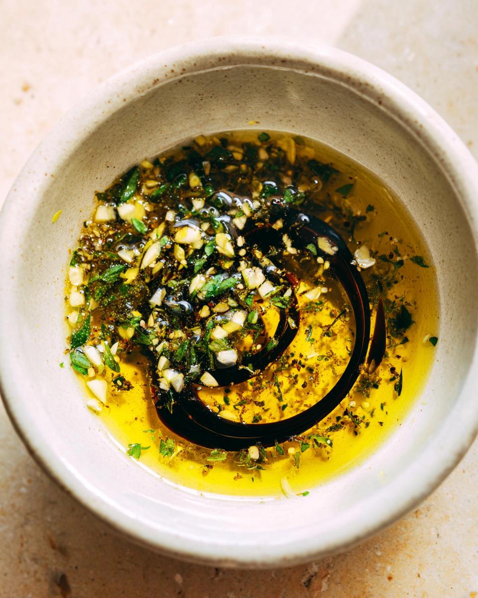 Overhead close-up of a rustic bowl containing olive oil bread dip with chopped garlic, herbs, and a swirl of balsamic vinegar.