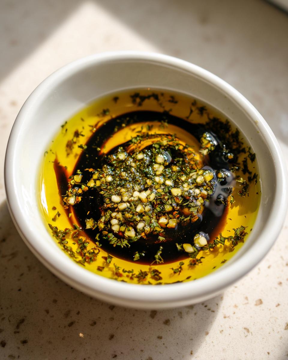 Close-up of a white bowl containing olive oil bread dip with balsamic vinegar, minced garlic, and herbs.