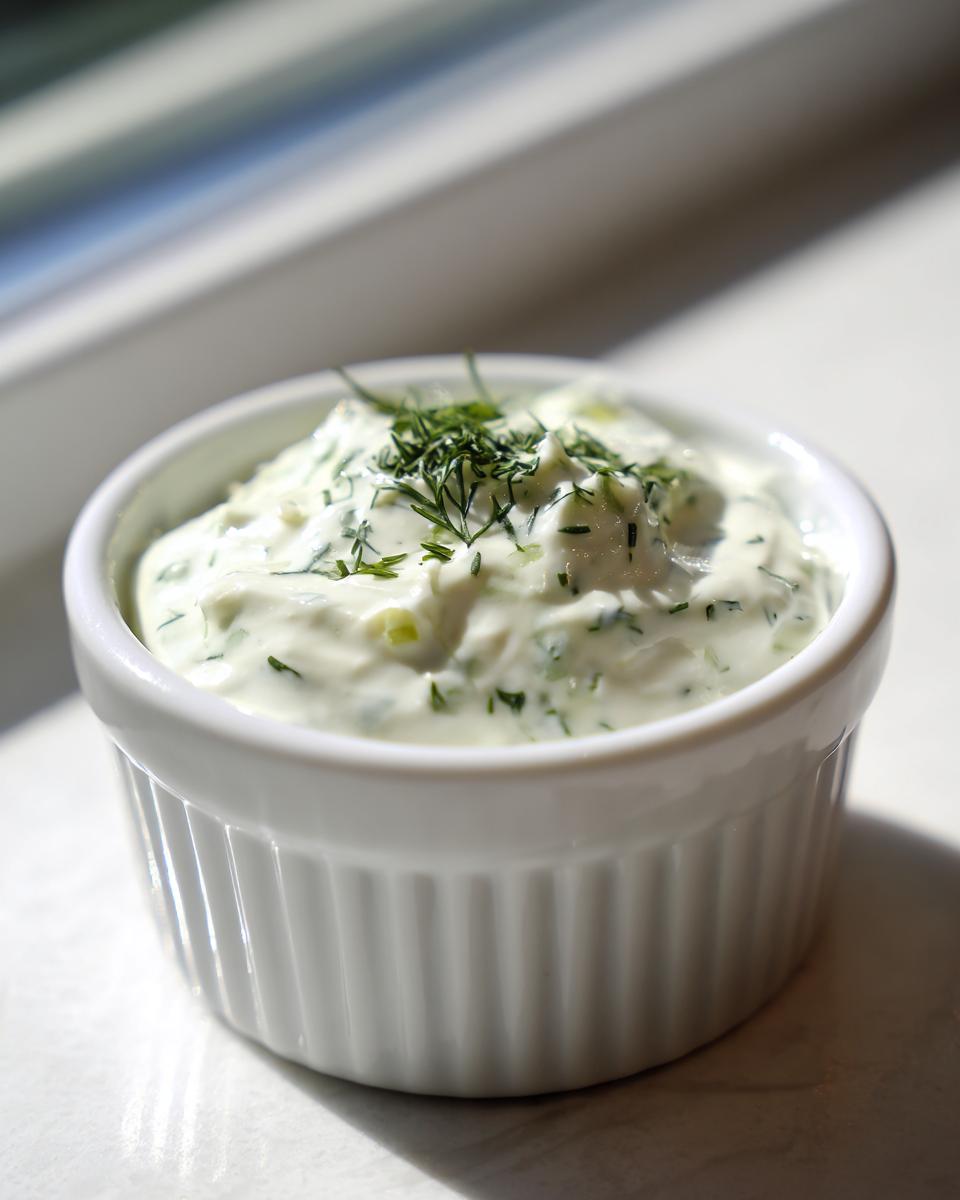 Close-up of creamy homemade tartar sauce garnished with fresh dill in a small white bowl.