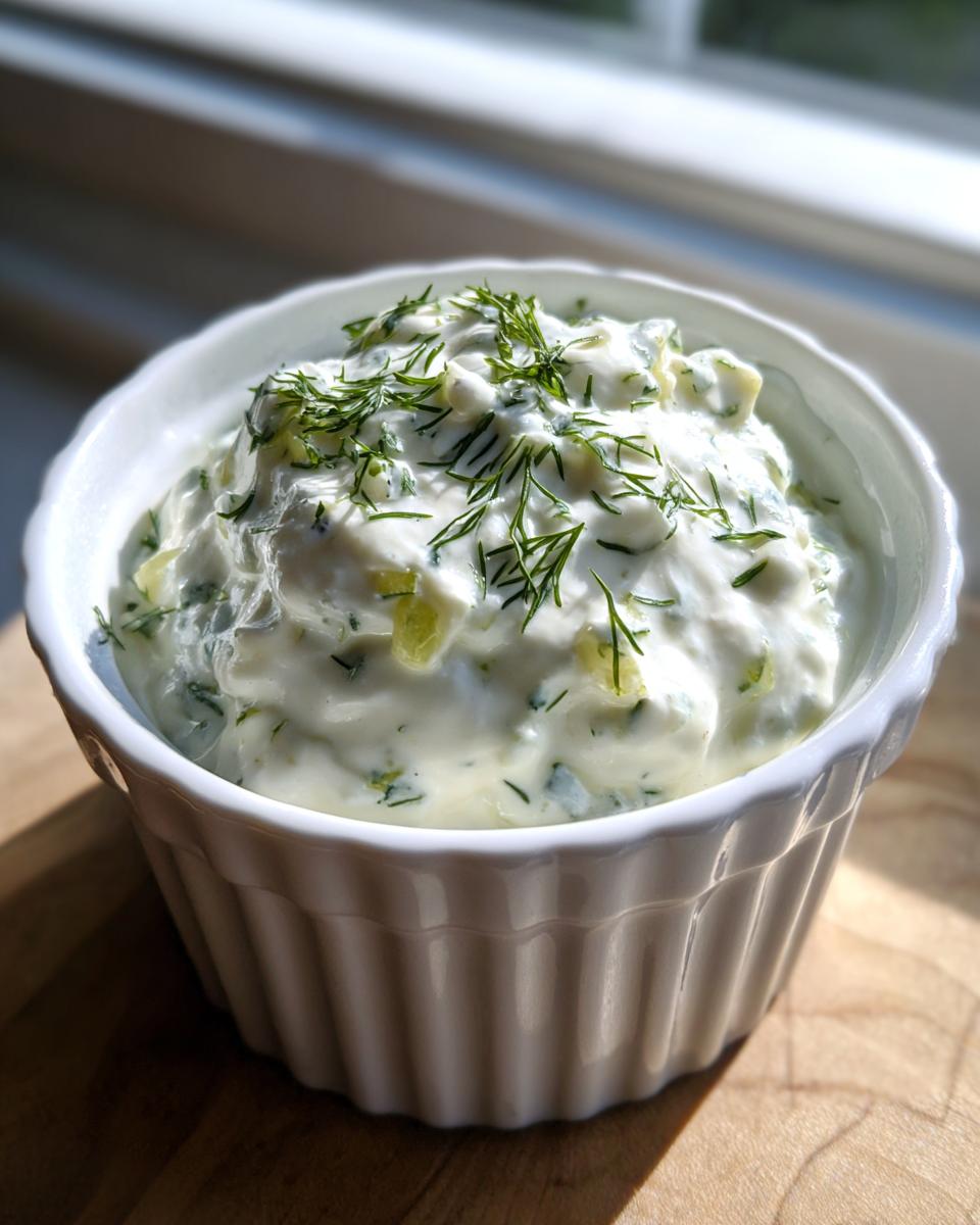 A close-up of creamy homemade tartar sauce topped with fresh dill in a white fluted bowl.