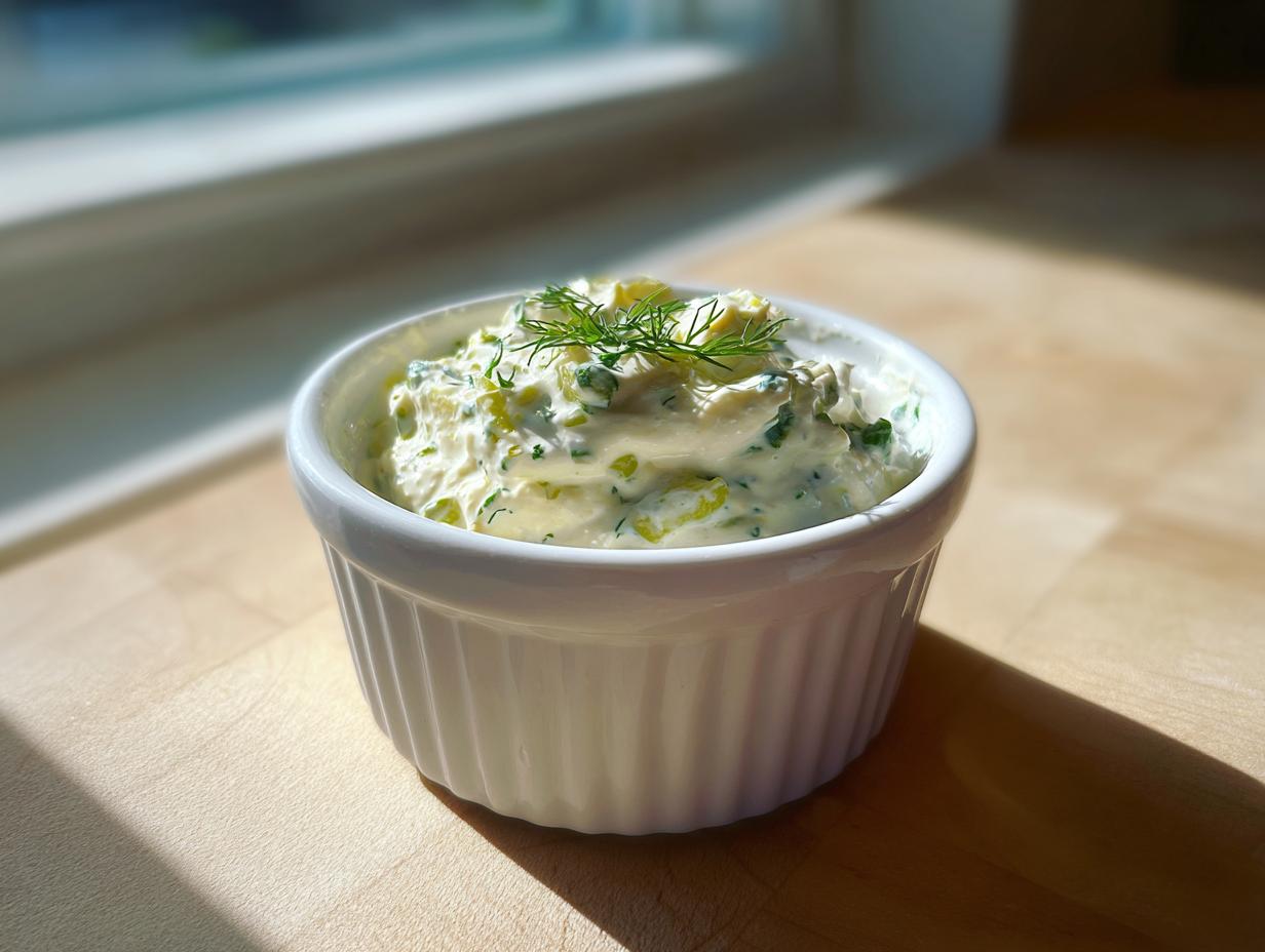 A small white ramekin filled with creamy, homemade tartar sauce, garnished with fresh dill.