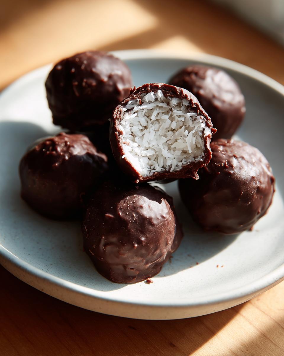 A stack of homemade almond joy truffles coated in dark chocolate, with one truffle broken open showing the shredded coconut filling.