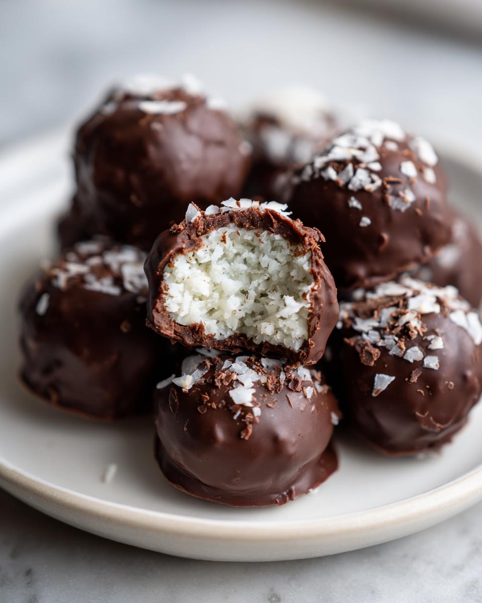 A stack of chocolate covered almond joy truffles, one is bitten open revealing a white coconut filling.