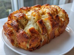 A freshly baked loaf of amazing 1-step cheese bread, cut into pull-apart sections with melted cheese oozing out.