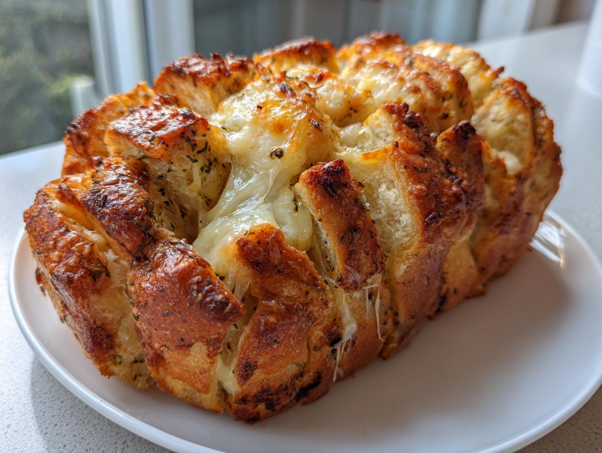 A freshly baked loaf of amazing 1-step cheese bread, cut into pull-apart sections with melted cheese oozing out.