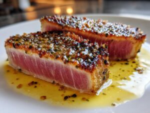 Two thick slices of perfectly seared tuna steak, rare in the center, resting in a pool of yellow sauce.