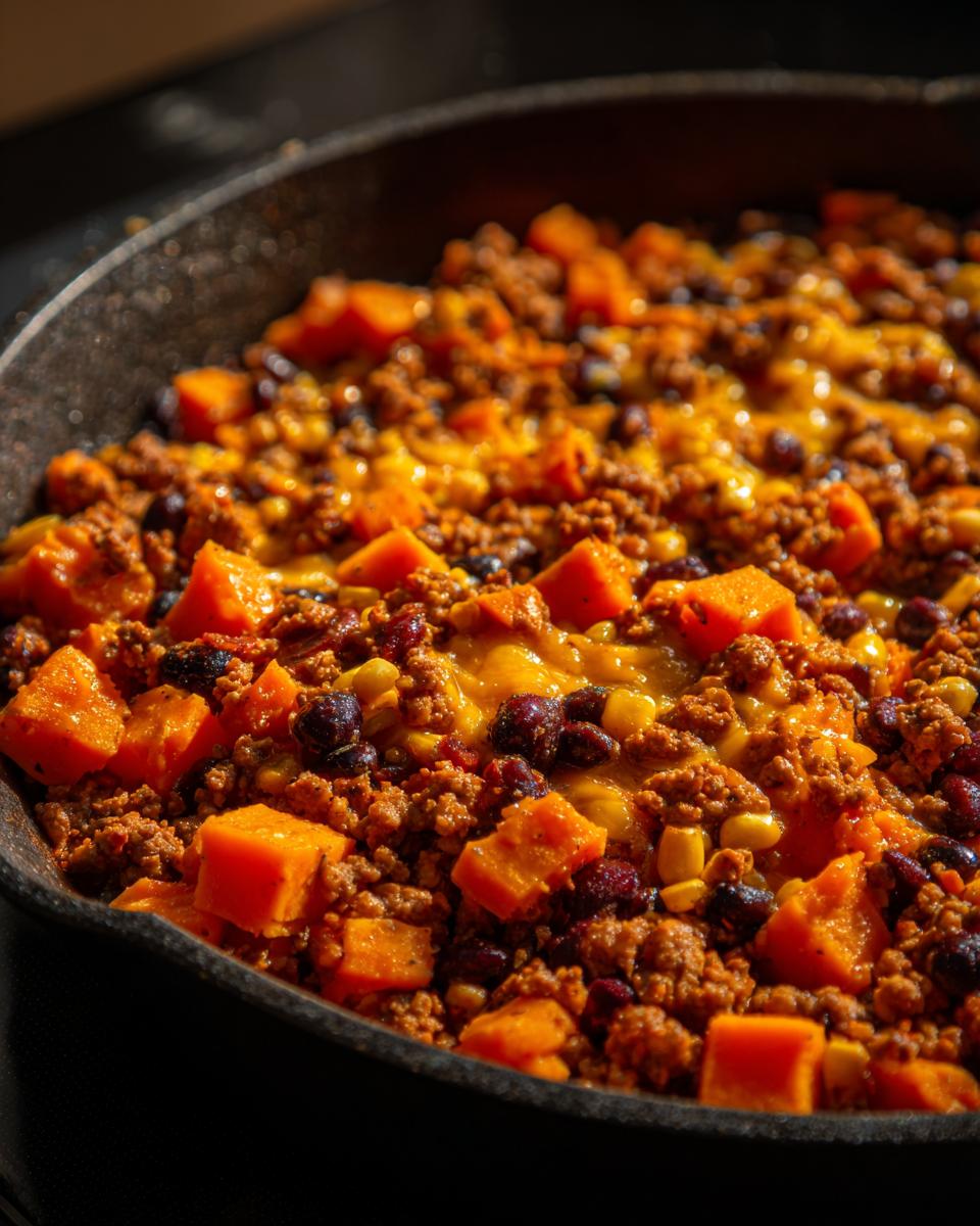 Close-up of a savory sweet potato skillet in a cast iron pan, featuring ground meat, black beans, corn, and melted cheese.