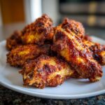 Close-up of a pile of perfectly cooked, crispy, dark-seasoned chicken wing pieces on a white plate.