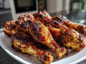 A pile of beautifully browned and crispy baked chicken wing drumettes seasoned with herbs.