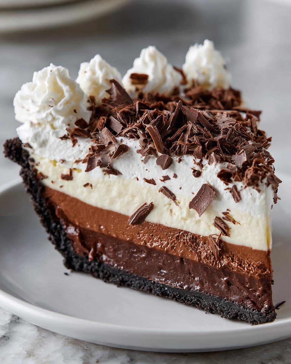 A decadent slice of 8-layer mud pie featuring dark chocolate crust, two layers of chocolate filling, vanilla cream, whipped topping, and chocolate shavings.