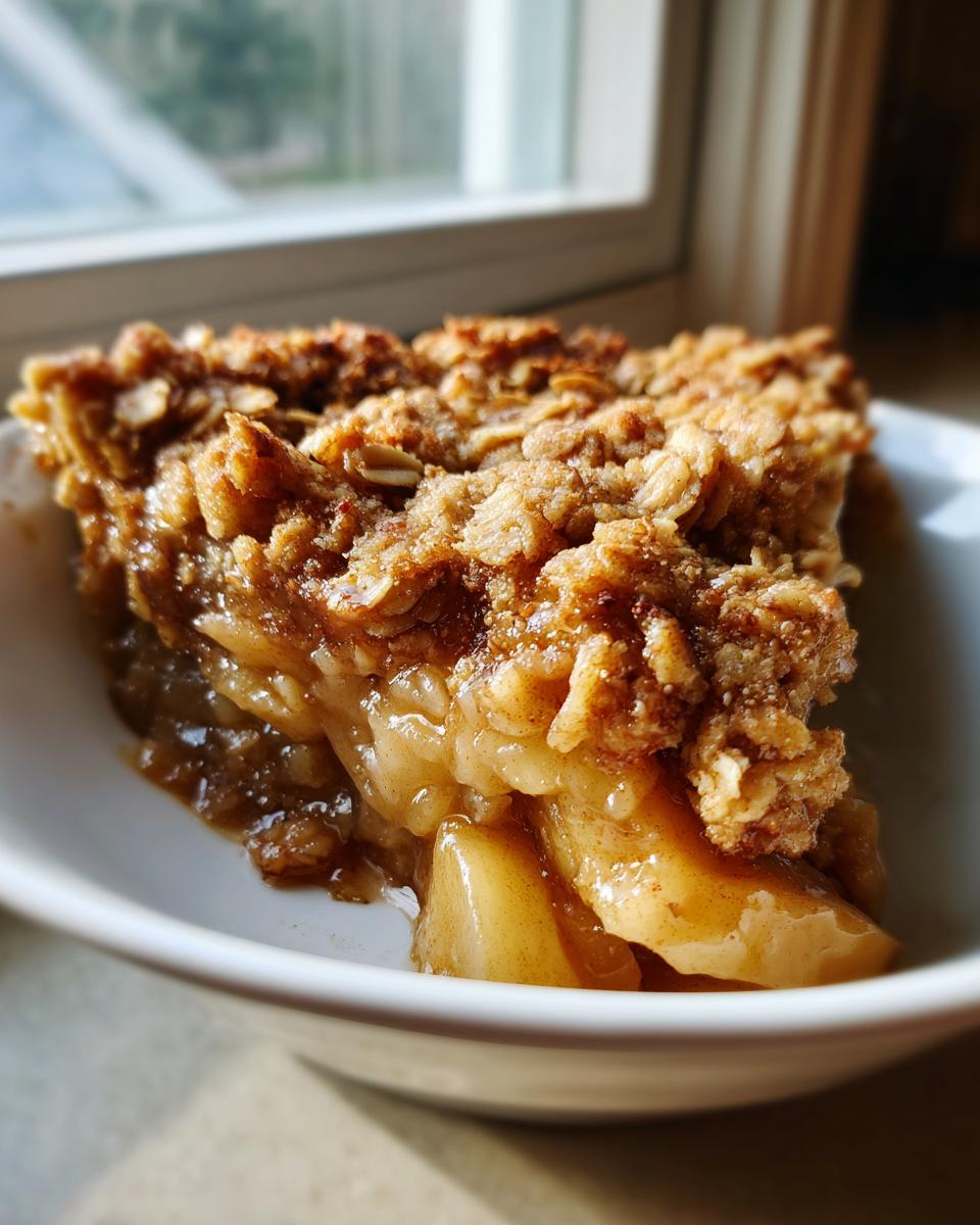 Close-up of a warm serving of apple crisp recipe showing soft baked apples and a crunchy oat topping.