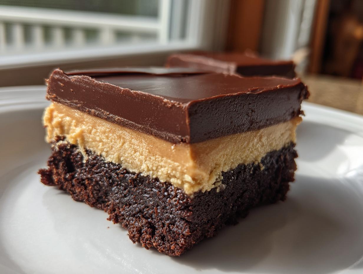 A close-up of a rich, three-layer buckeye brownies square showing the dark brownie base, peanut butter filling, and chocolate topping.