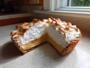 A cross-section of a single-serving butterscotch pie showing the graham cracker crust, creamy filling, and toasted meringue topping.