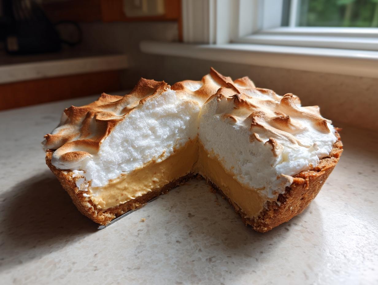 A cross-section of a single-serving butterscotch pie showing the graham cracker crust, creamy filling, and toasted meringue topping.