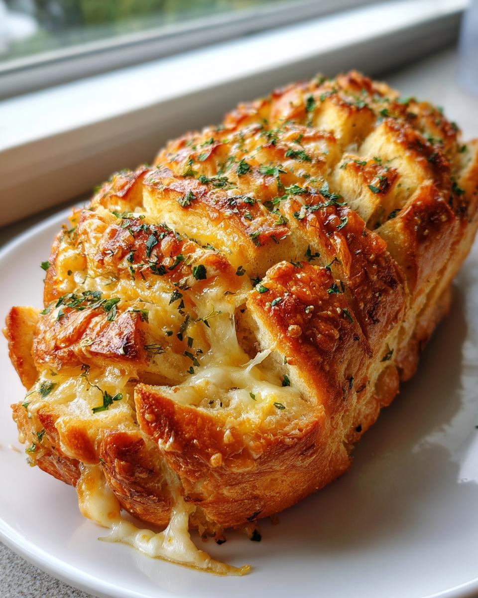 Close-up of a golden brown, baked cheese bread loaf, cut into pull-apart sections with melted cheese oozing out and topped with parsley.