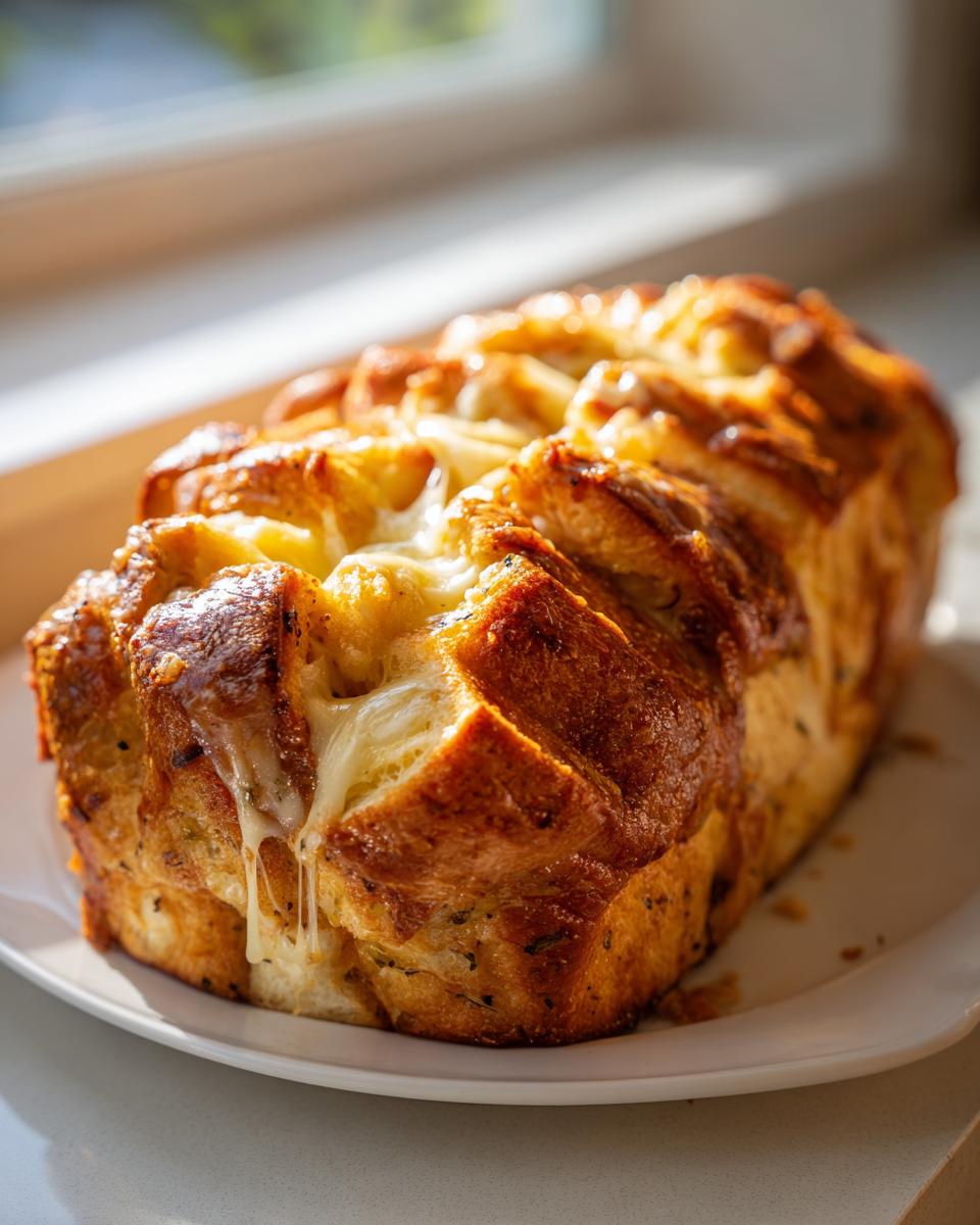 A golden-brown, freshly baked loaf of pull-apart cheese bread with melted cheese oozing out.