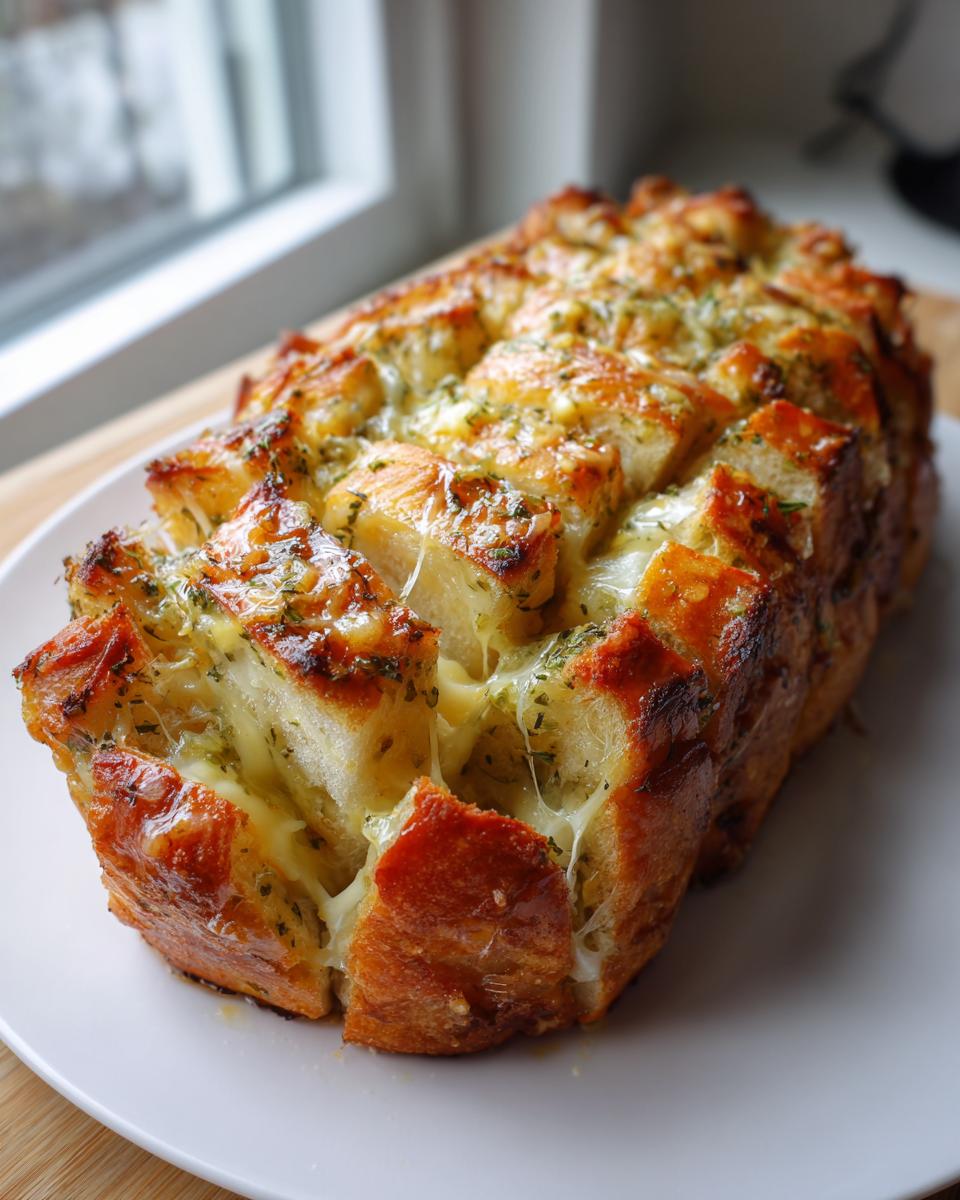 Close-up of a golden brown loaf of amazing 1-step cheese bread, cut into pull-apart sections with melted cheese strings.
