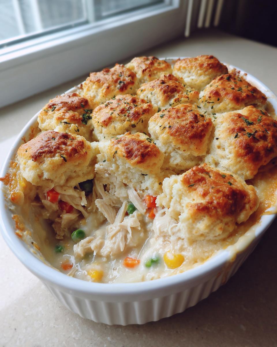 A close-up of a freshly baked chicken cobbler with golden biscuits, showing creamy filling, shredded chicken, and mixed vegetables.