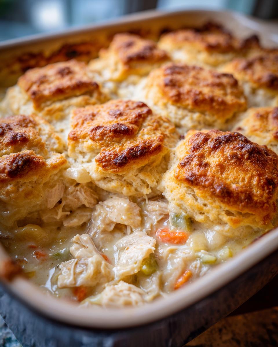 Close-up of a creamy chicken pot filling with vegetables visible beneath golden brown, fluffy biscuits.