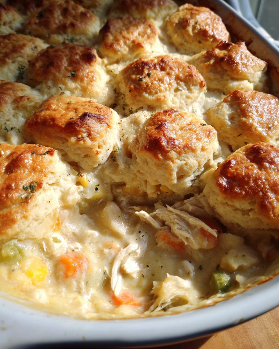Close-up view of a bubbling chicken pot topped with golden brown biscuits, showing creamy filling and shredded chicken.