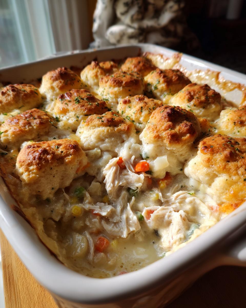 Close-up of a bubbling chicken pot dish topped with golden brown biscuits, showing shredded chicken and vegetables.