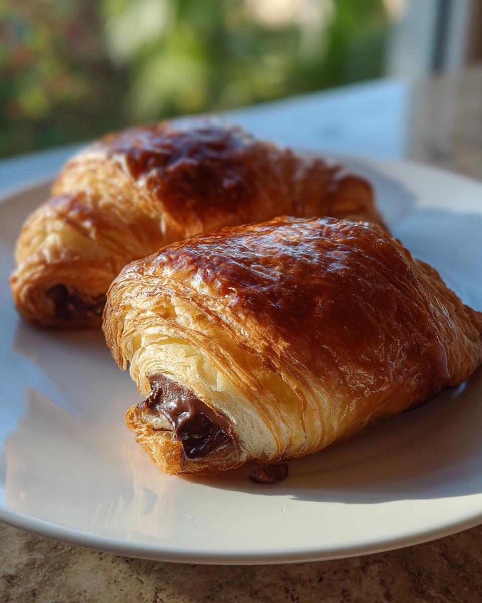 Two freshly baked, golden brown chocolate croissant pastries sitting on a white plate, showing flaky layers and melted chocolate.