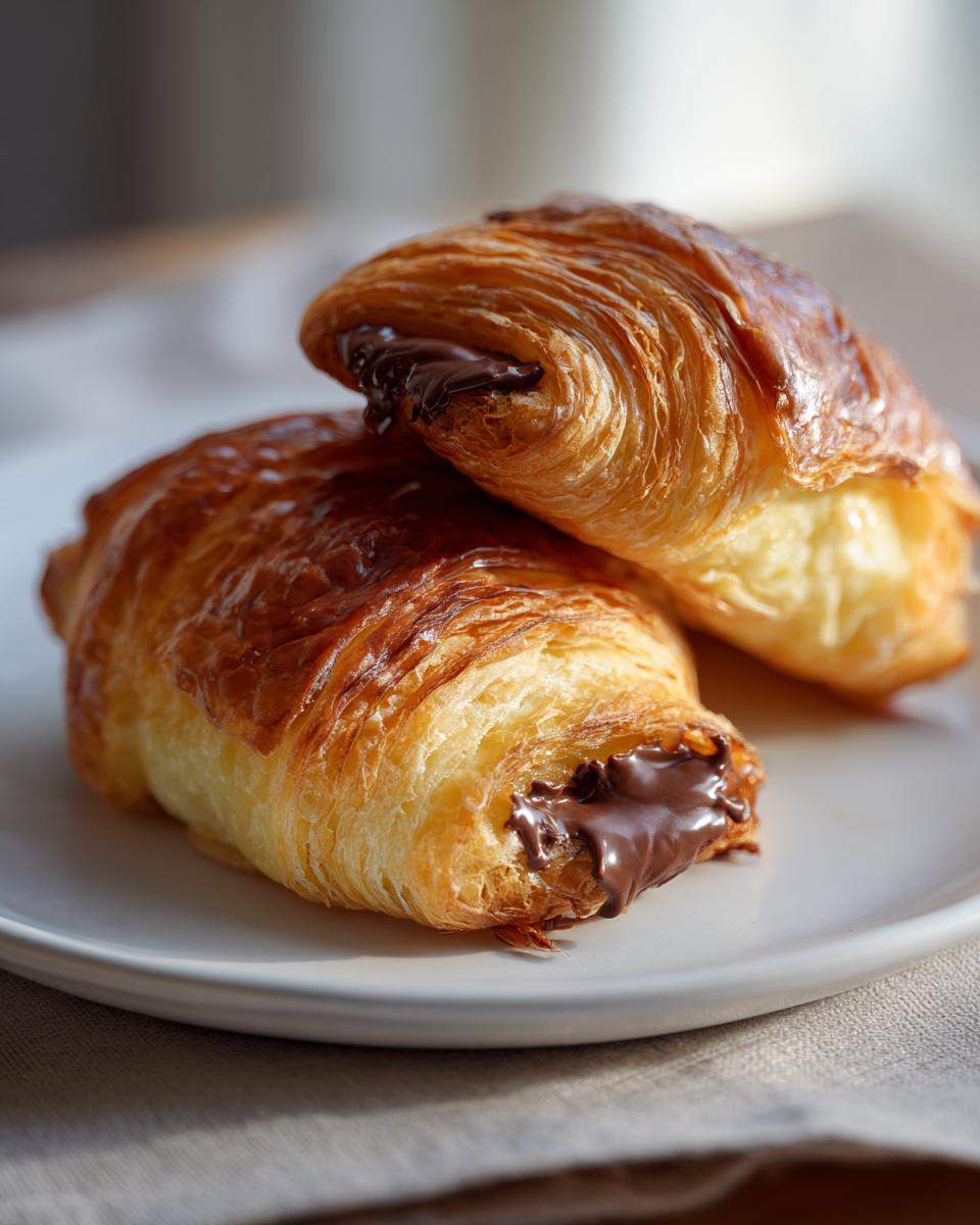 Two golden brown, flaky chocolate croissants stacked slightly on a white plate, showing melted chocolate oozing out.