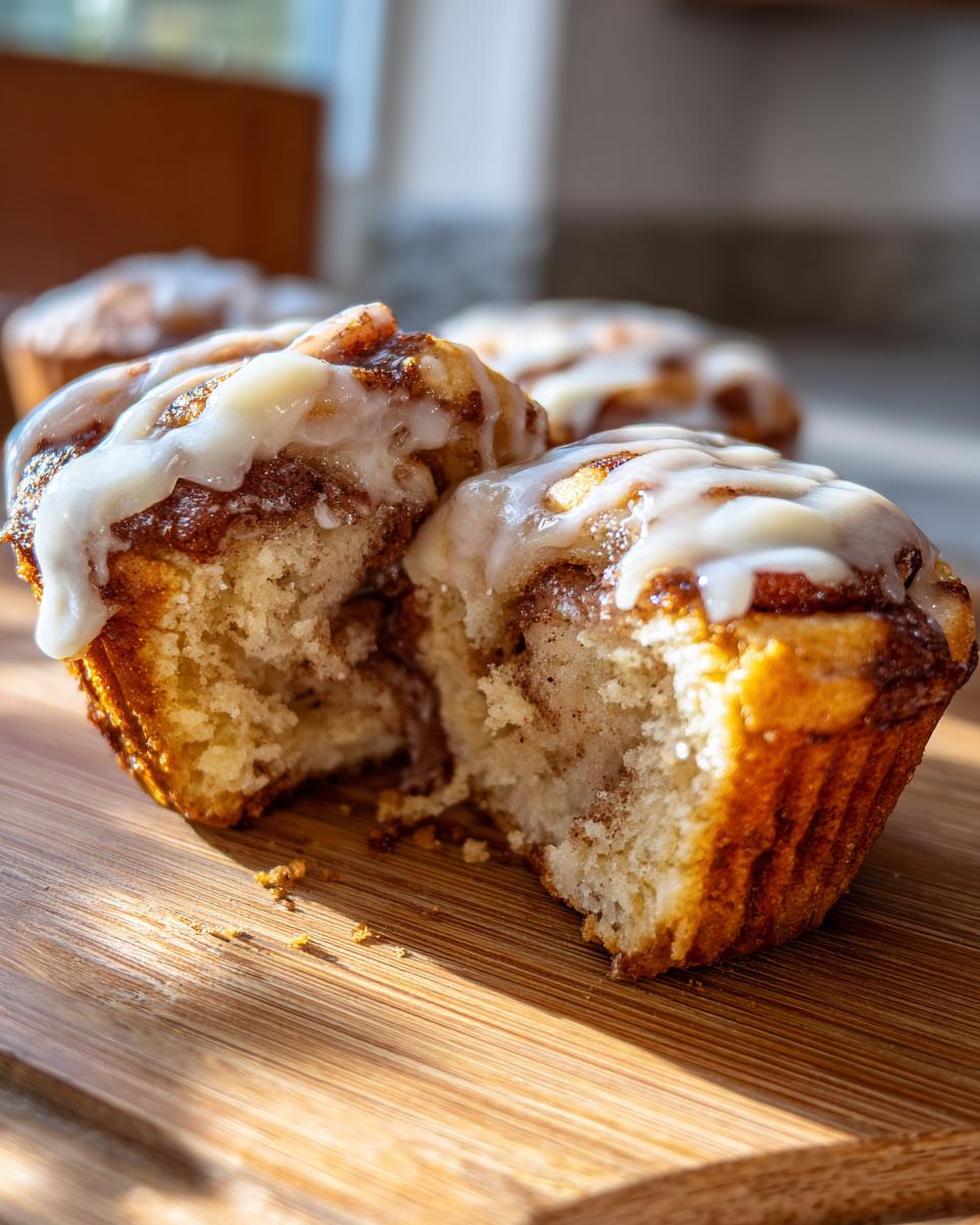 A close-up of delicious cinnamon roll muffins, with one broken in half showing the soft interior and covered in white icing.