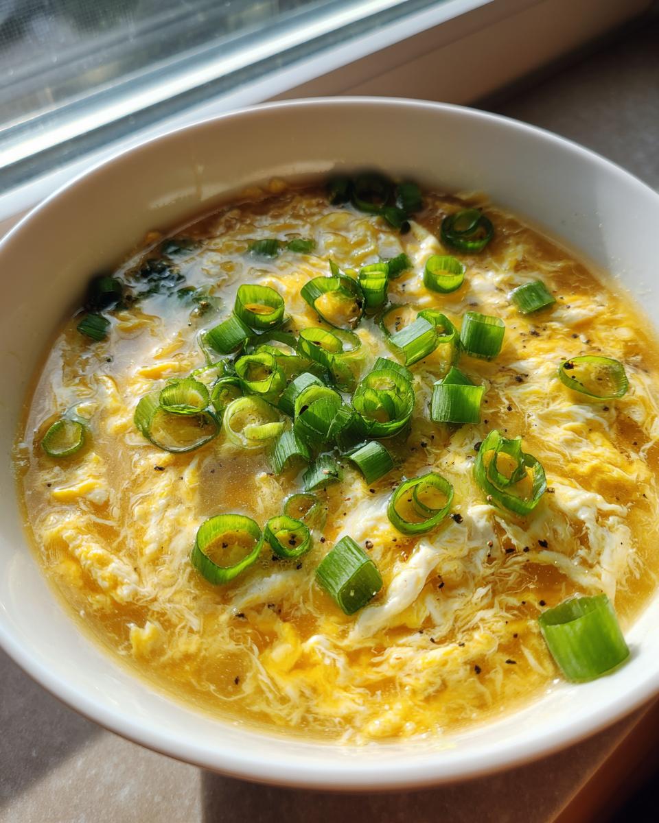 A close-up view of hot egg drop soup featuring wispy cooked egg ribbons and topped generously with fresh green scallions.