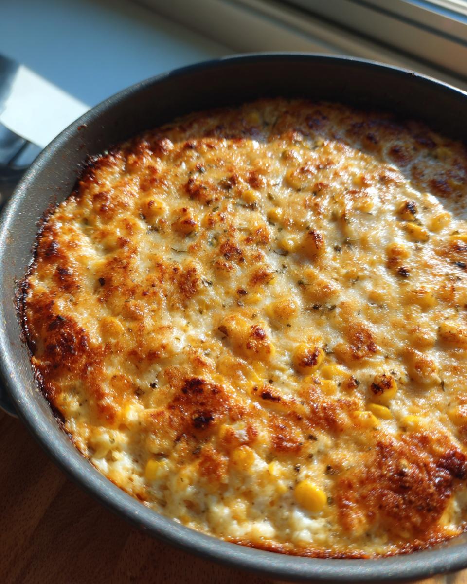 Close-up of a bubbly, golden-brown baked elote dip with visible corn kernels in a round baking dish.